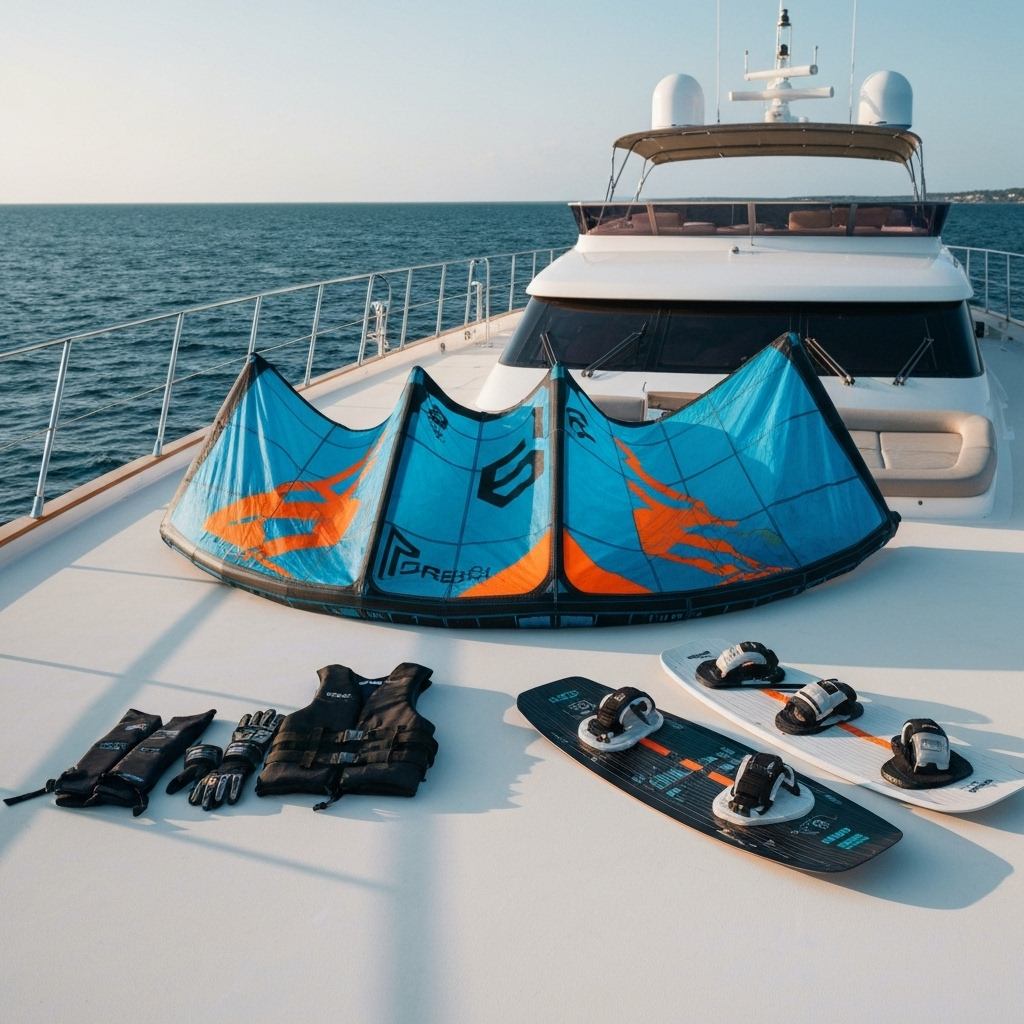 Premium kiteboarding equipment and luxury catamaran with professional gear